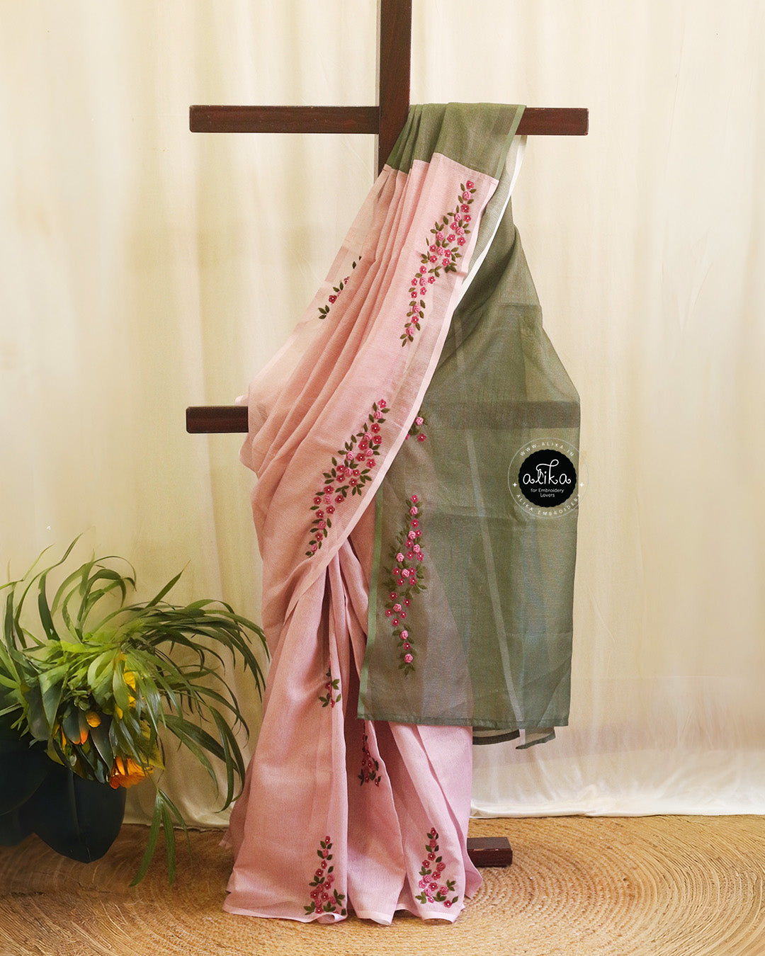 Greyish Green and Cavern Pink Double Shaded Semi Silk Saree with Handwork – Alika Fashion Store