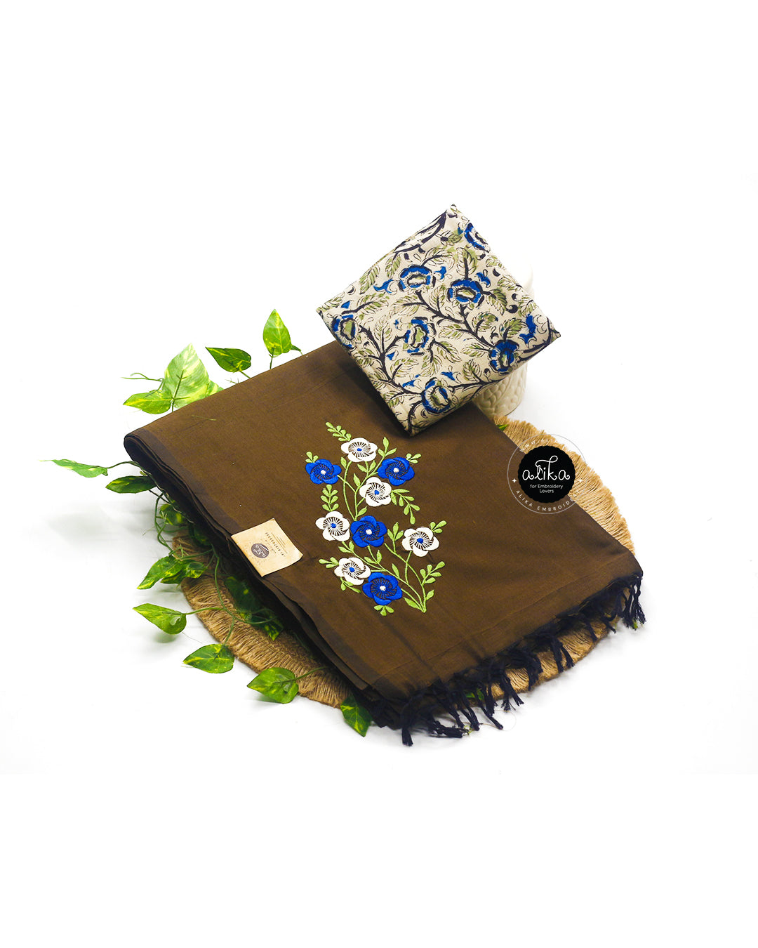 Old Copper Semi-Cotton Saree with Machine Floral Work | Alika Fashion Store