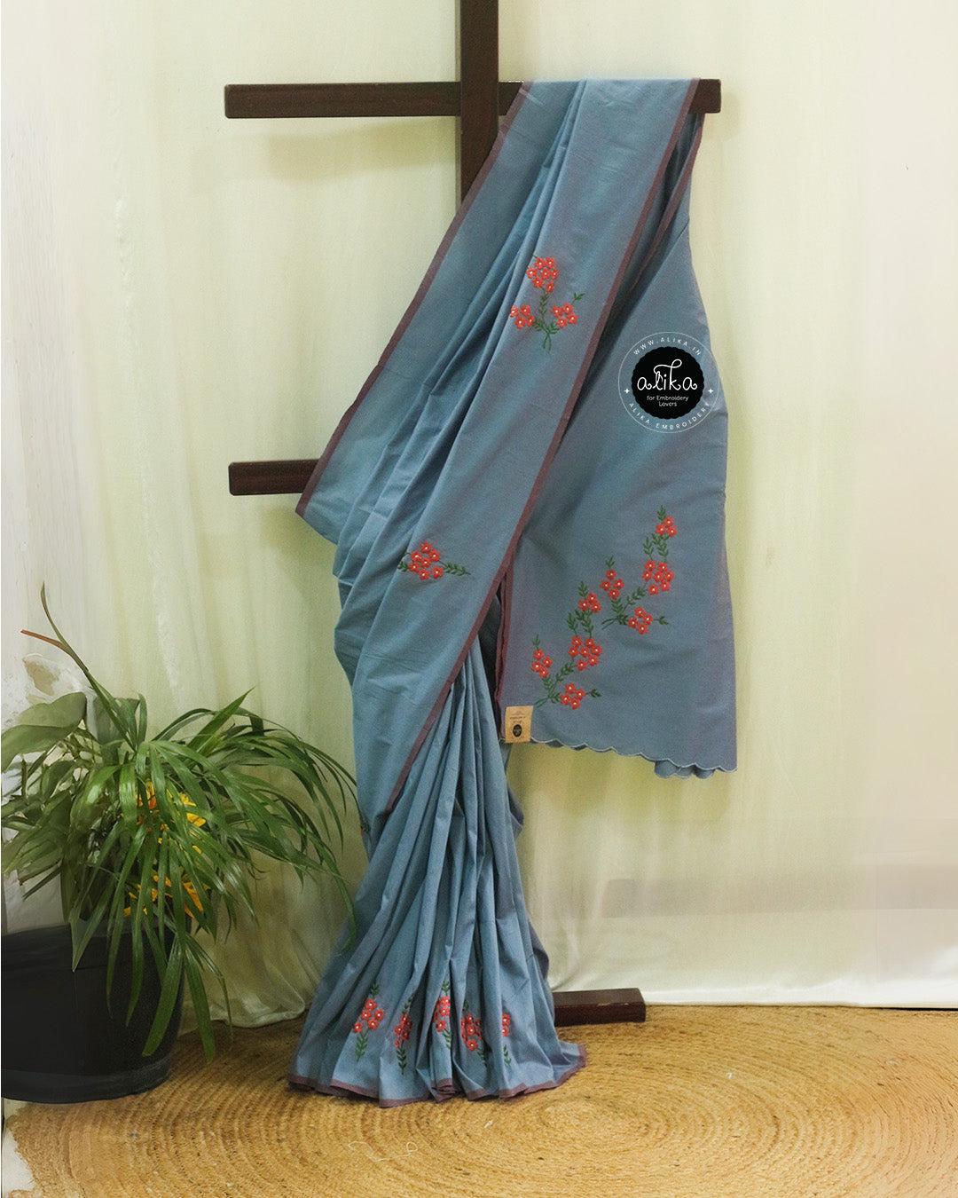 Cloudy Blue Semi Cotton Saree with Orange Floral Embroidery | Alika Fashion Store