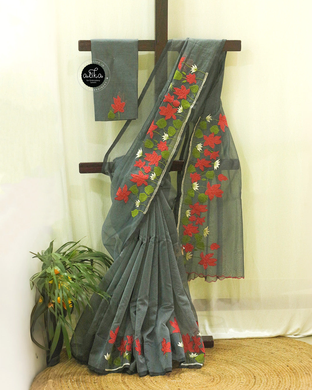 Shuttle Grey Silky Kota Saree with Applique Embroidery | Alika Fashion Store