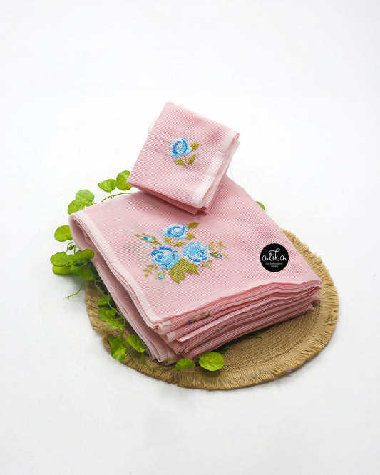 Cavern Pink Saree with Blue Cross-Stitch Floral Rose Work