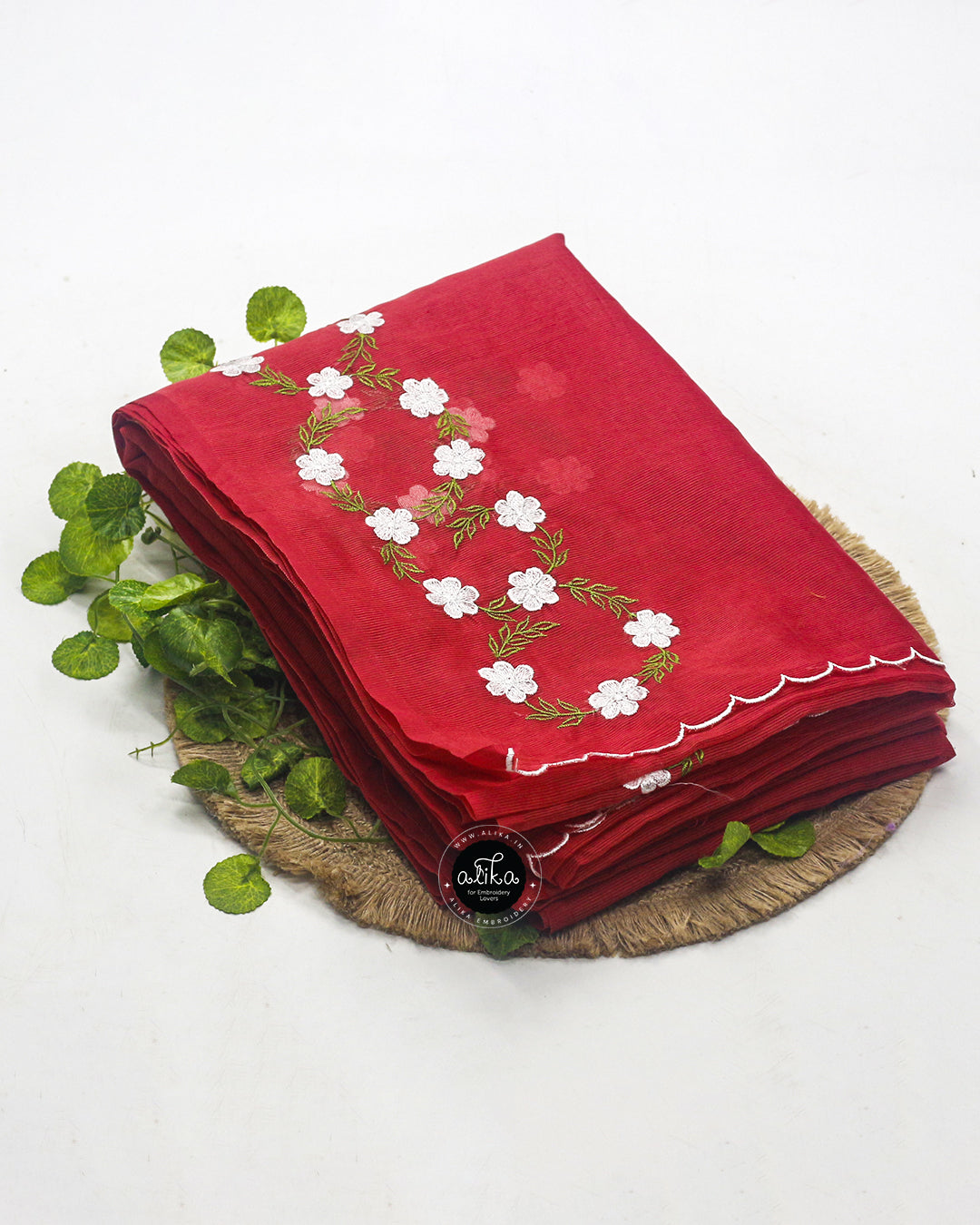 Red Kota Saree with White Machine Floral Work – Elegant Traditional Design