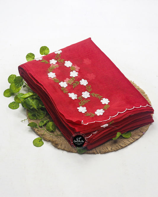 Red Kota Saree with White Machine Floral Work – Elegant Traditional Design