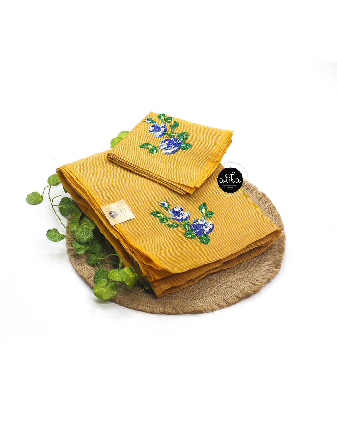 Mustard Yellow Striped Kota Saree with Cross Stitch Embroidery | Alika Fashion Store