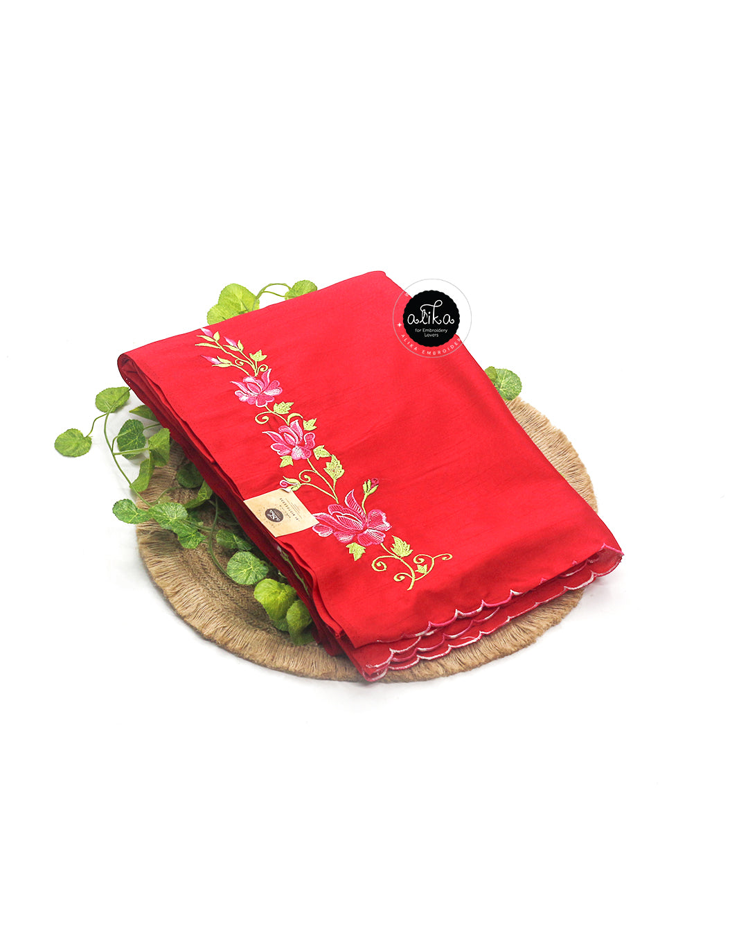 Cherry Red Soft Silk Saree with Machine Floral Embroidery – Alika Fashion Store