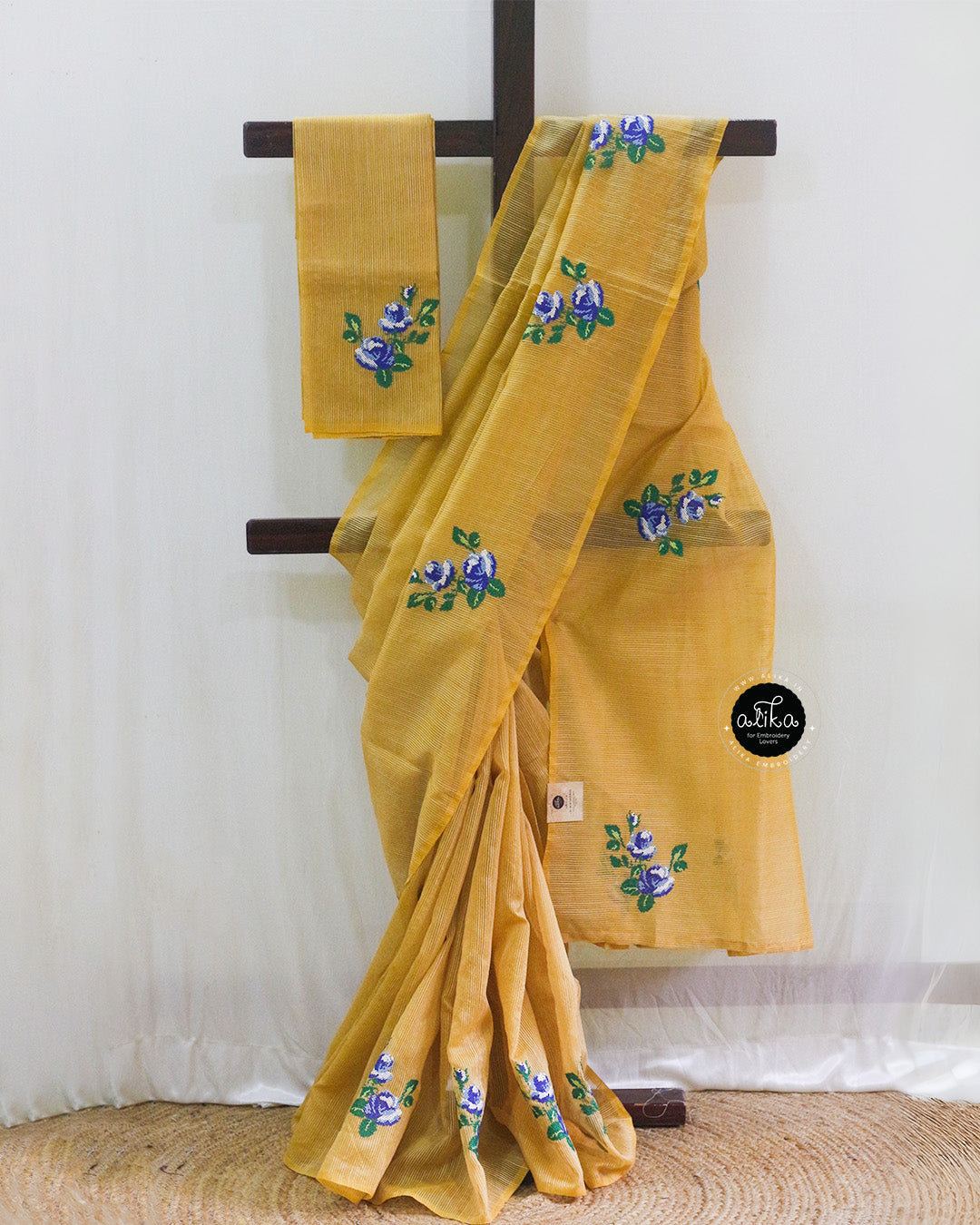 Mustard Yellow Striped Kota Saree with Cross Stitch Embroidery | Alika Fashion Store