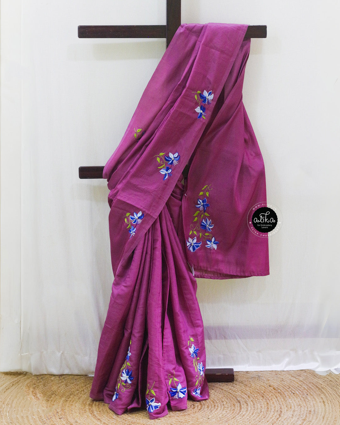 Mulberry Pink Semi Silk Saree with Hand Embroidery | Alika Fashion Store