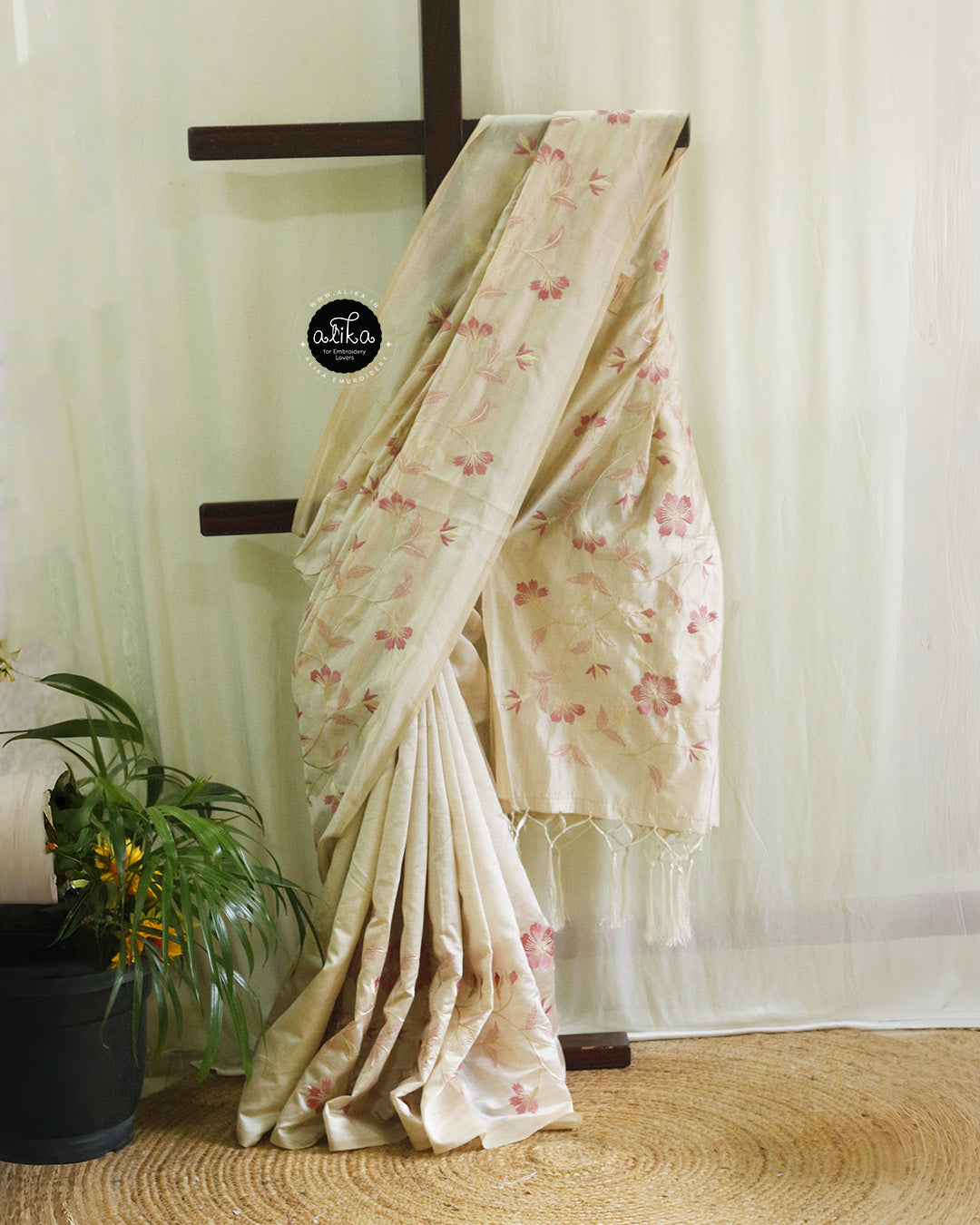 Cream Semi-Silk Saree with Full-Body Machine Embroidery | Alika Fashion Store