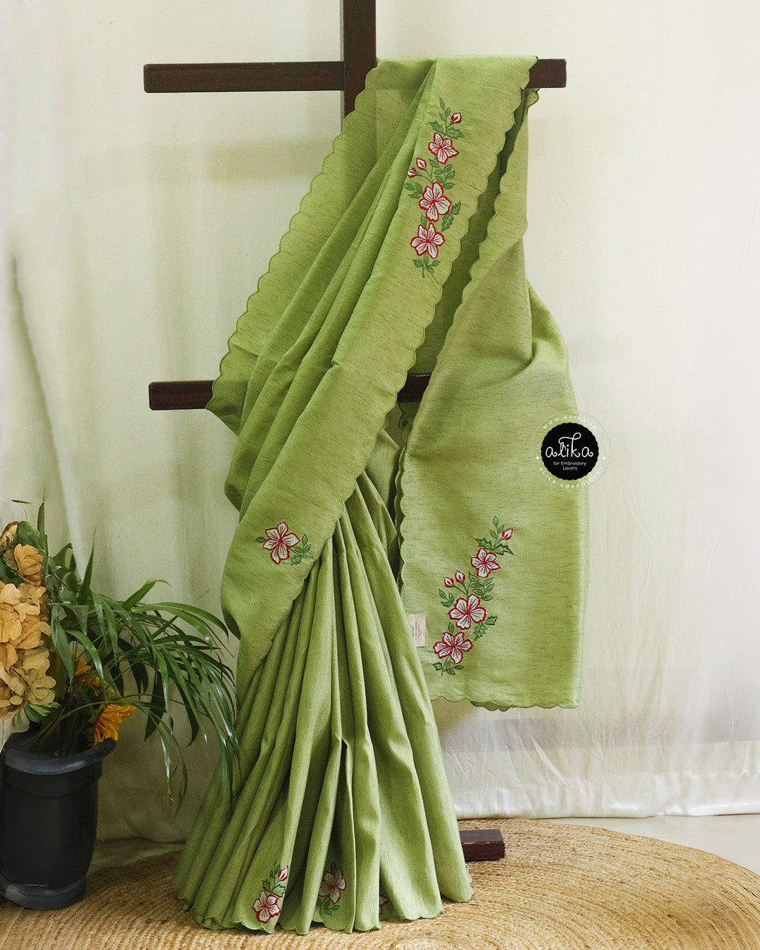 Olive Green Semi Raw Silk Saree with Floral Machine Embroidery | Alika Fashion Store