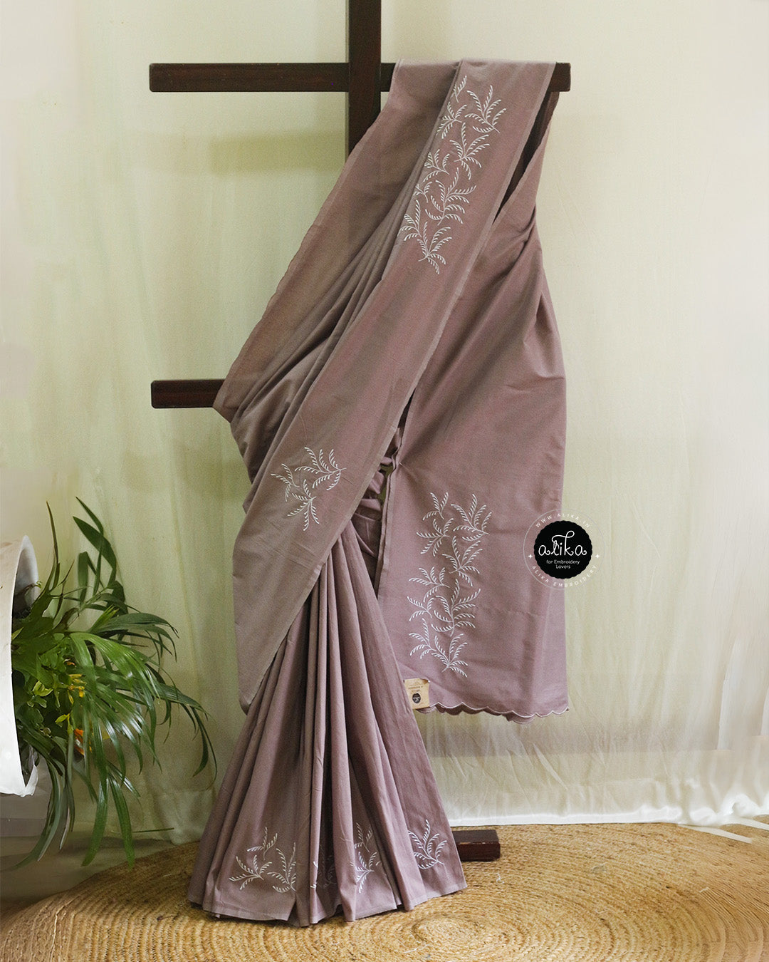 Warm Grey Cotton Saree with Machine Embroidery | Alika Fashion Store