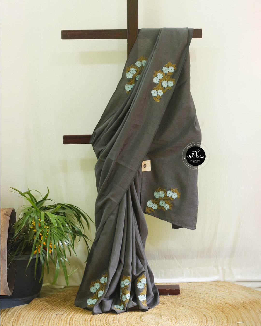 Davy Gray Semi Silk Saree with Blue Floral Machine Work – Alika Fashion Store