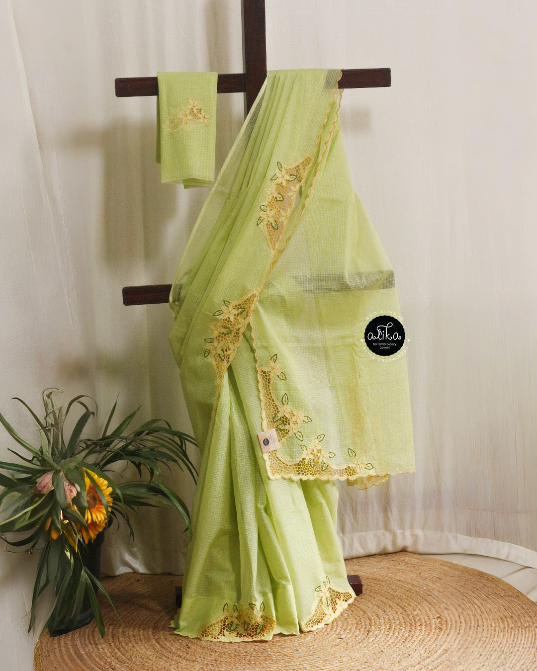 Light Golden Nord Yellow Kota Saree with Floral Twain cut Embroidery