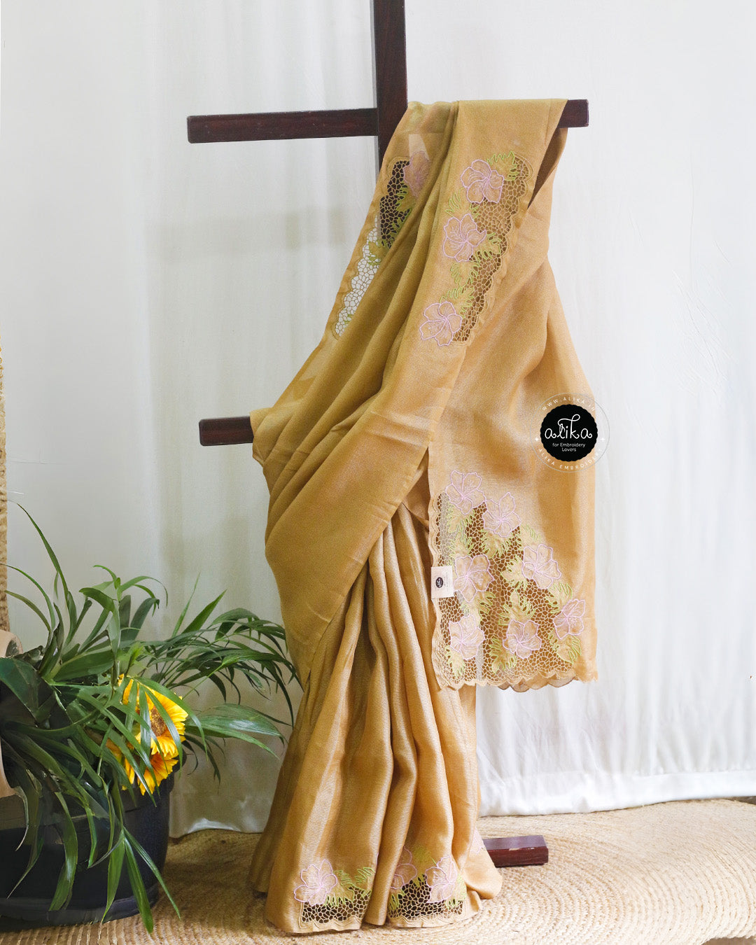 Harvest Gold Jute Saree with Twain Cutwork