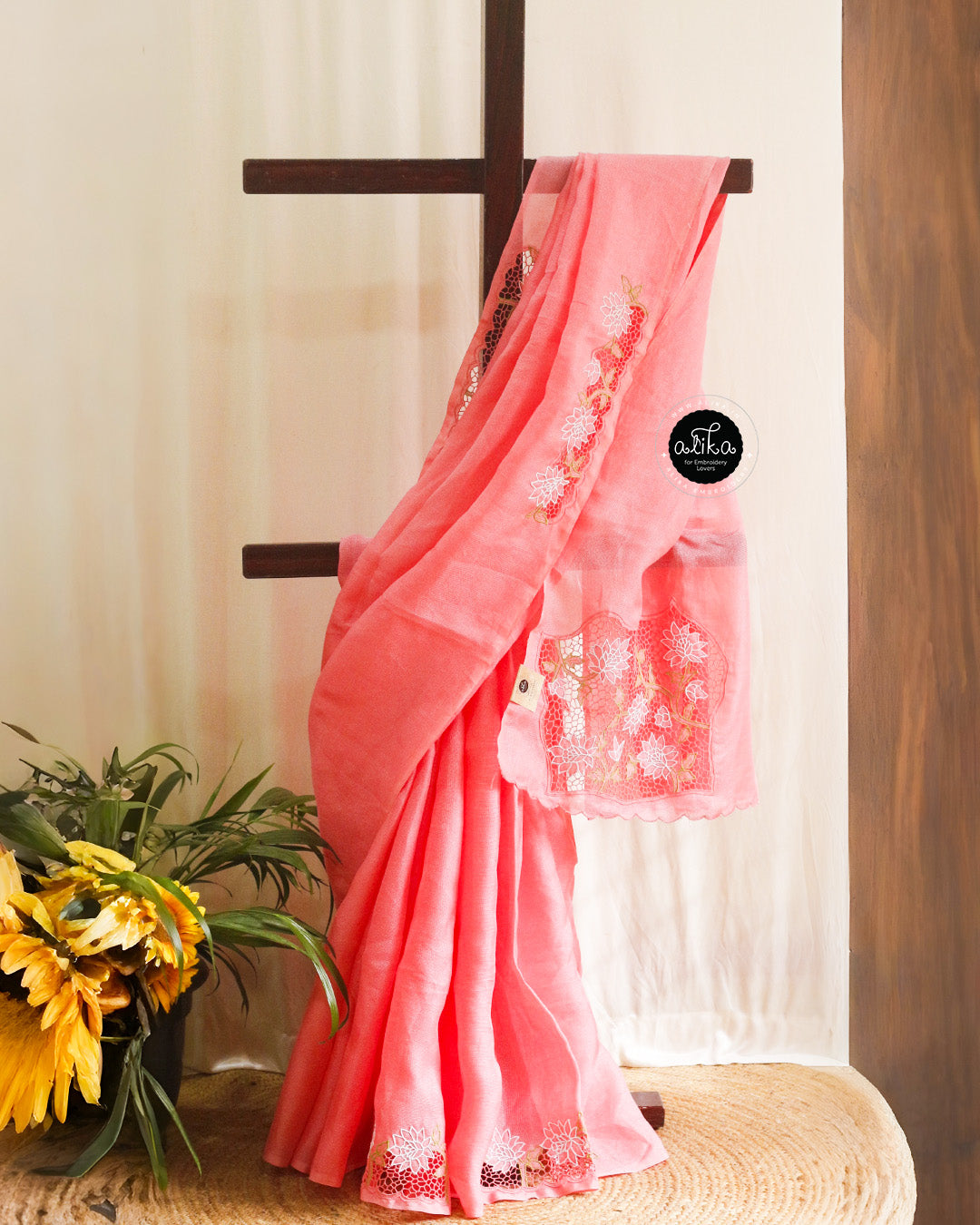 Flamingo Pink Jute Saree with Floral Twaincut Embroidery