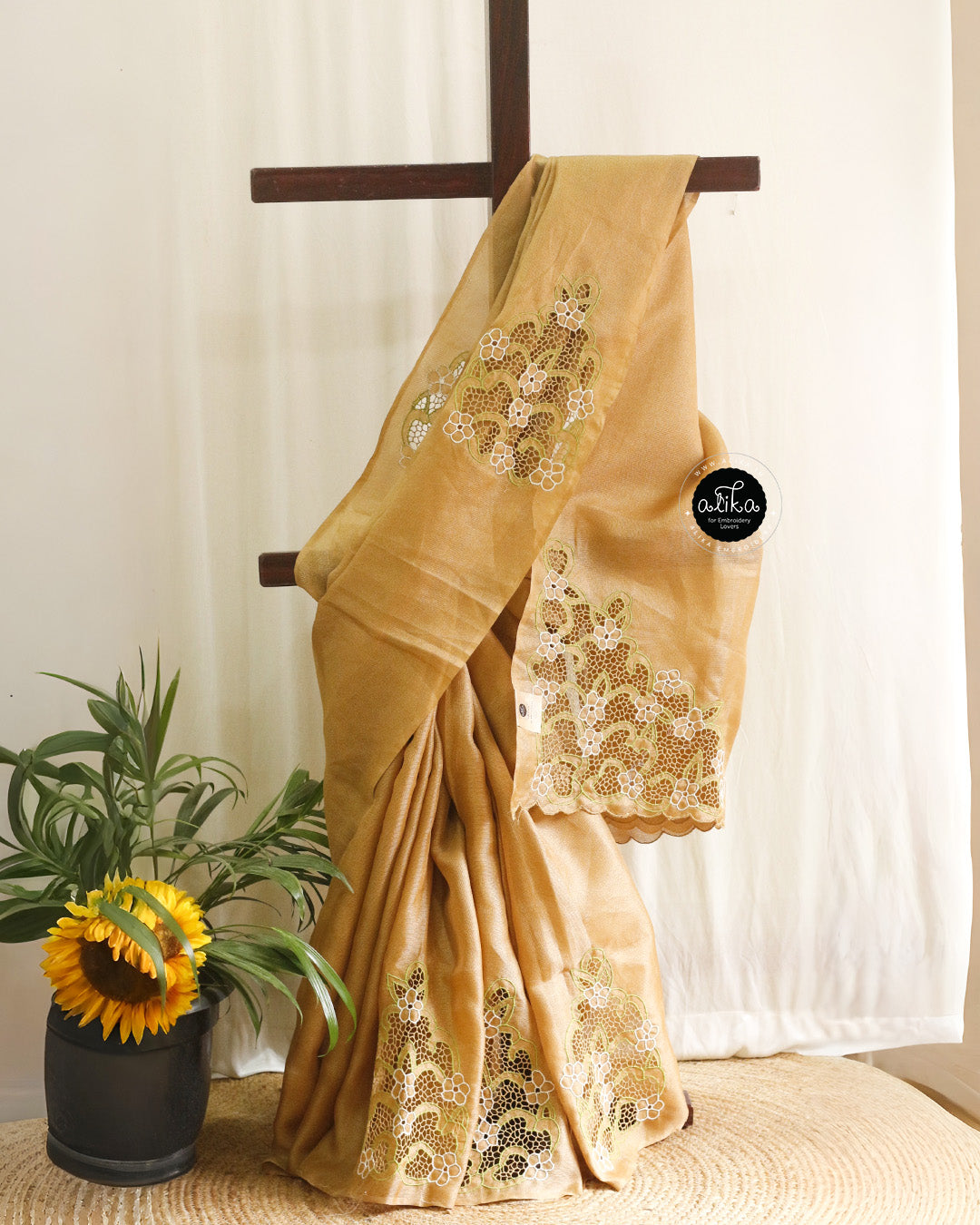 Harvest Gold Jute Saree with Floral Twaincut Embroidery