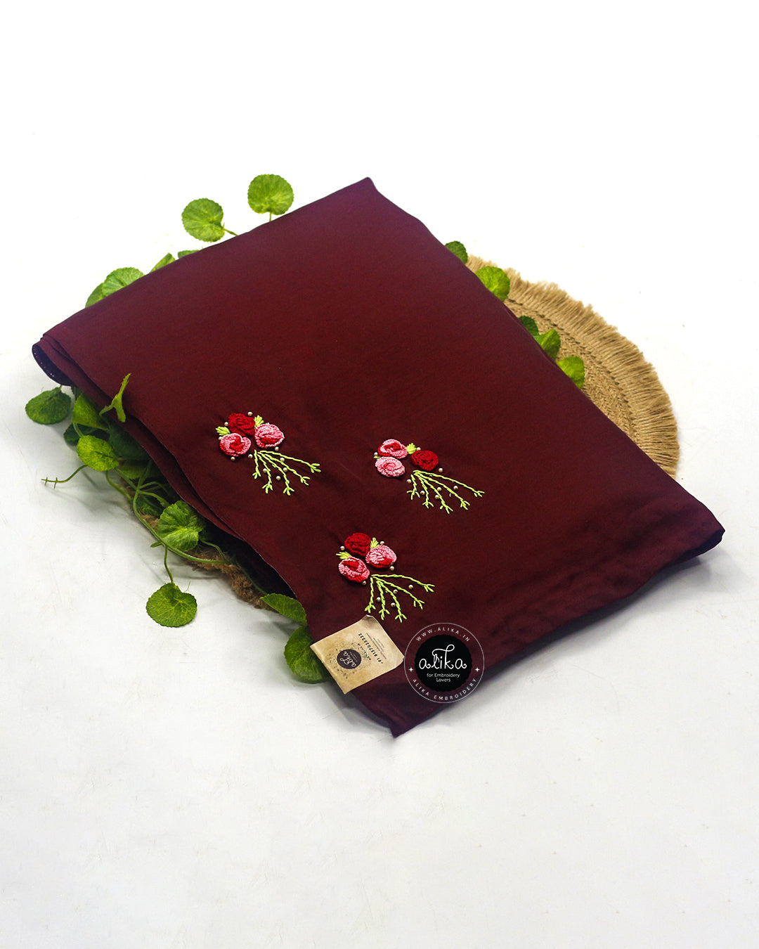 Marron Semi Silk Saree with Hand Embroidery – Elegant Traditional Design