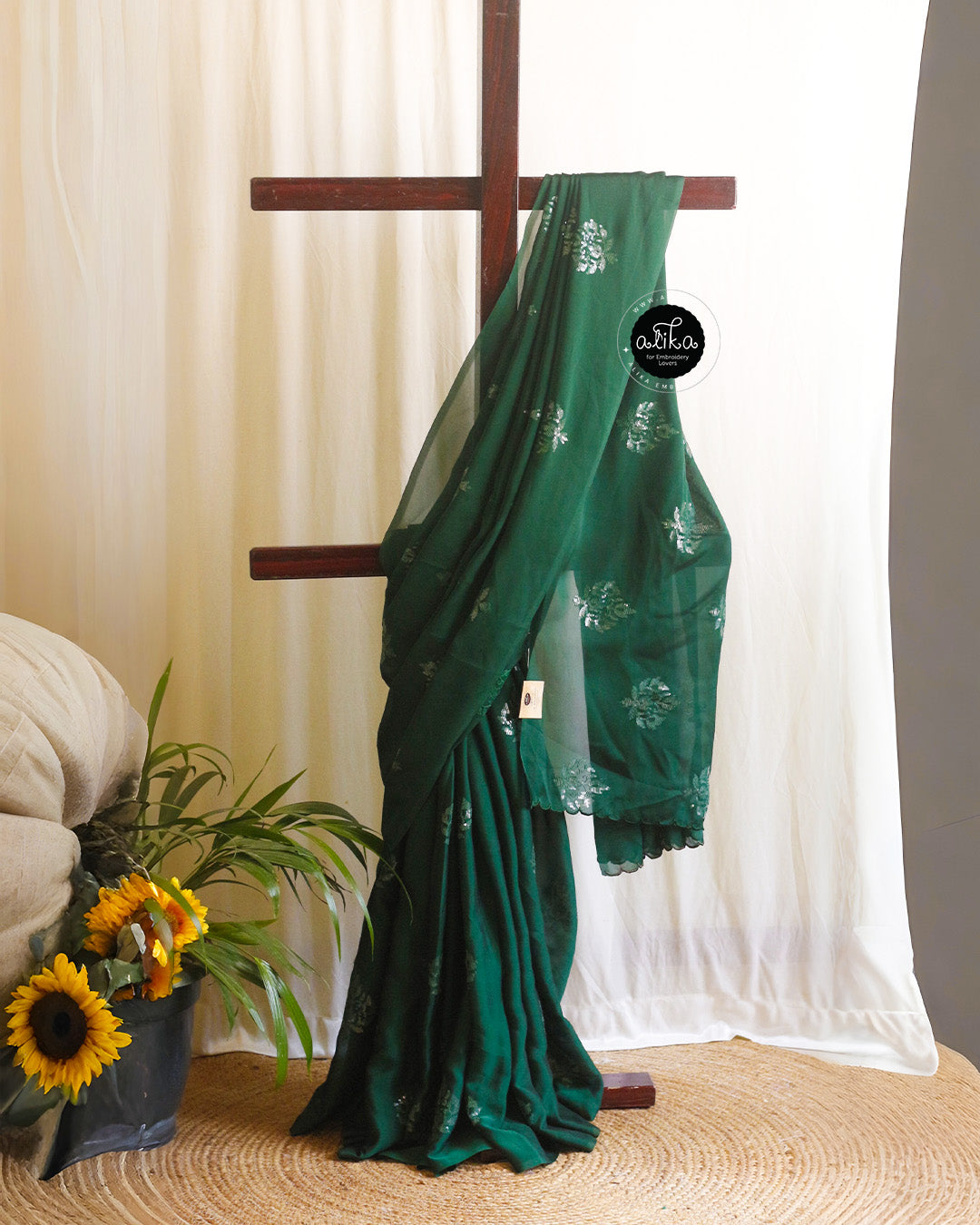 Bottle Green Semi-Georgette Fabric with Sequin Work | Alika Fashion Store