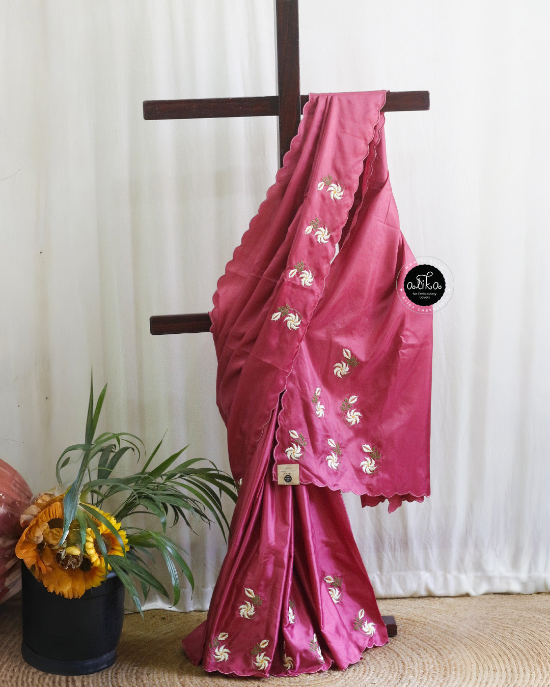 Deep Rose Semi-Silk Saree with Machine Embroidery | Alika Fashion Store