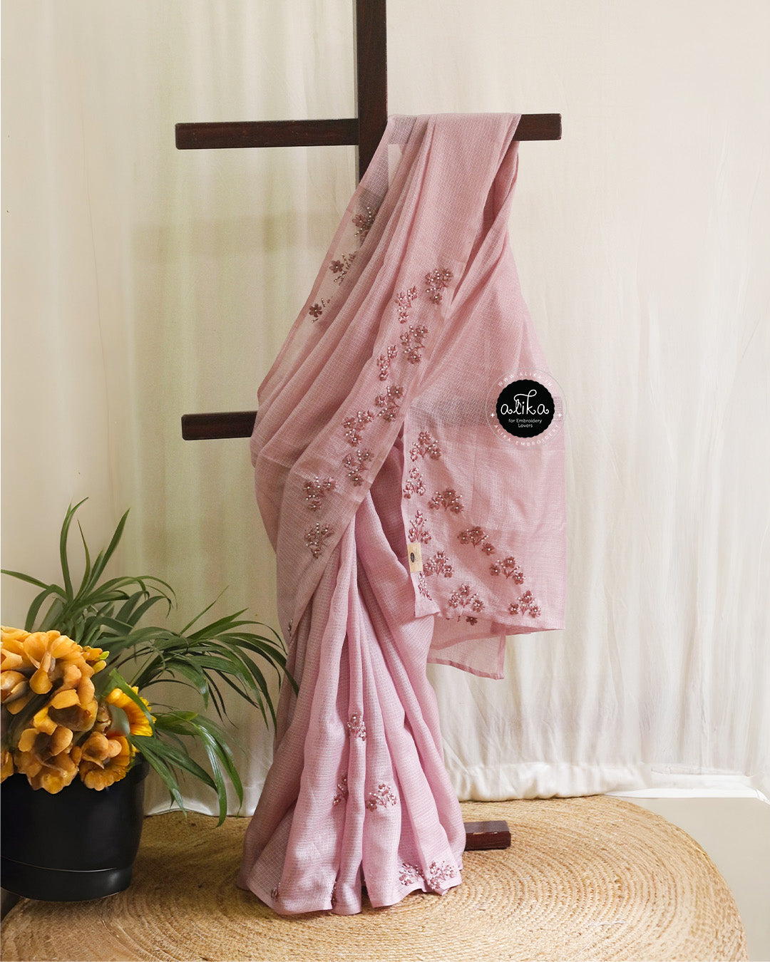 Light Mauve Checked Kota Saree with Intricate Ribbon Work | Alika Fashion Store