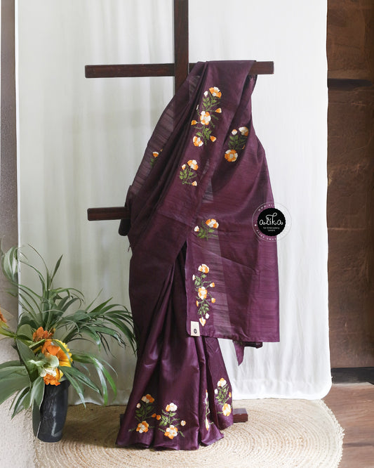 Seal Brown Semi-Raw Silk Saree with Heavy Hand Embroidery | Alika Fashion Store