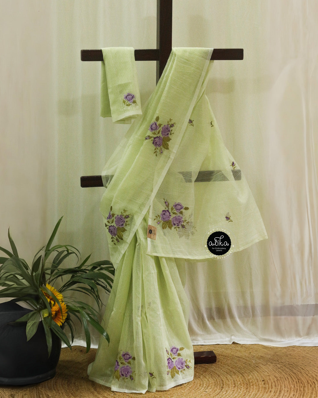 Iguana Green Striped Kota Saree with Cross-Stitch Embroidery