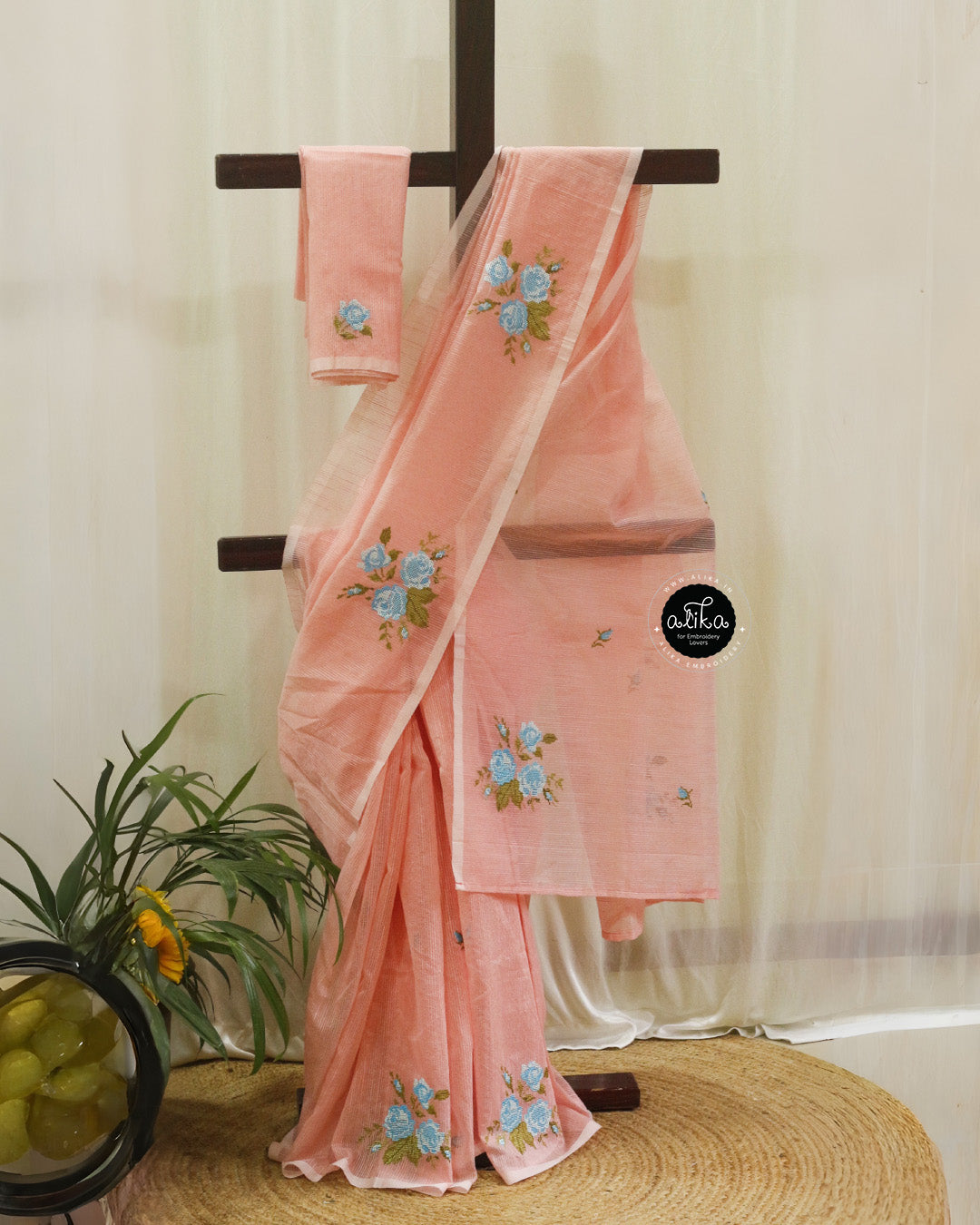 Tea Rose Striped Kota Saree with Cross-Stitch Floral Work | Alika Fashion Store