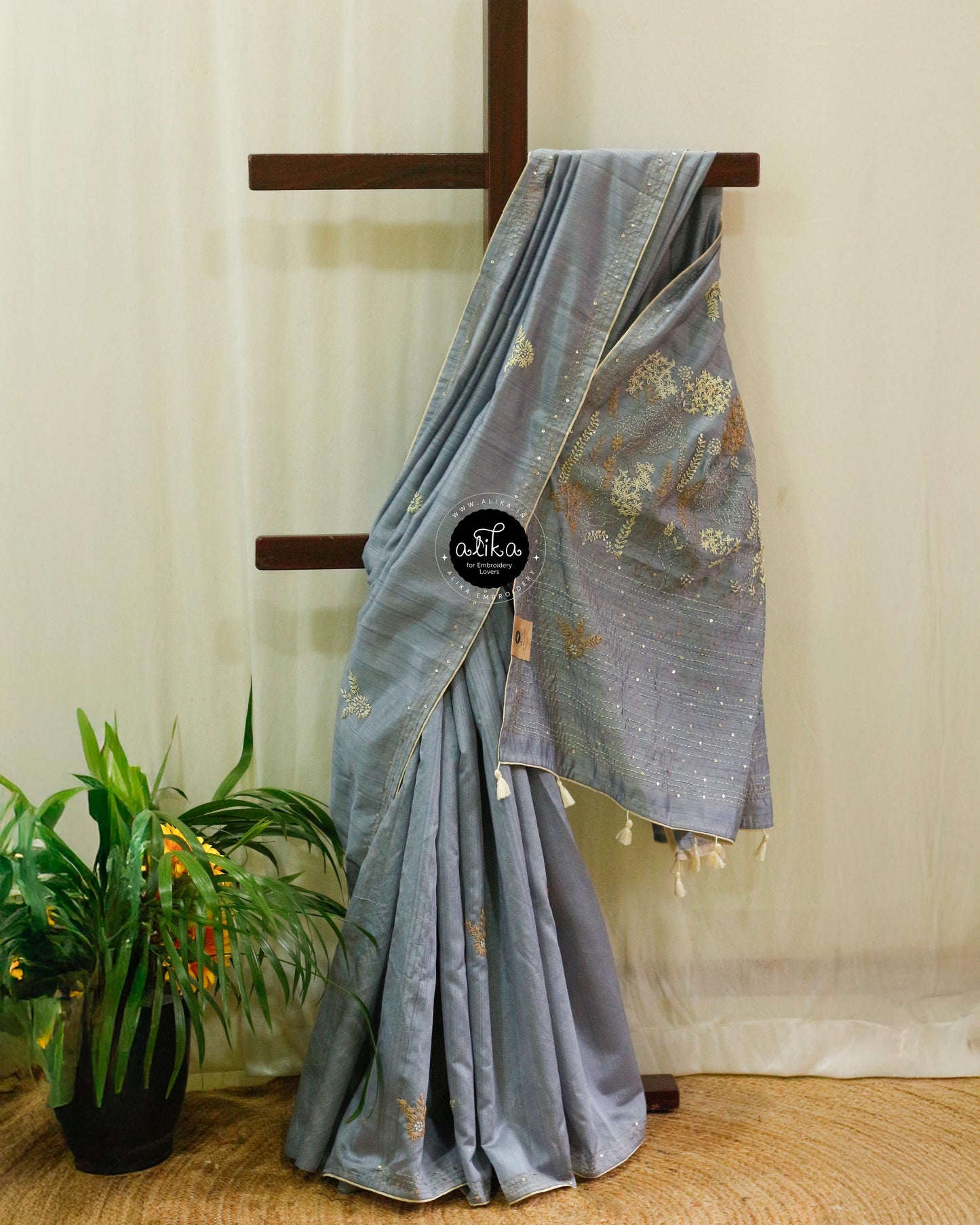 Steel Grey Semi Silk Saree with Exquisite Floral Hand Embroidery