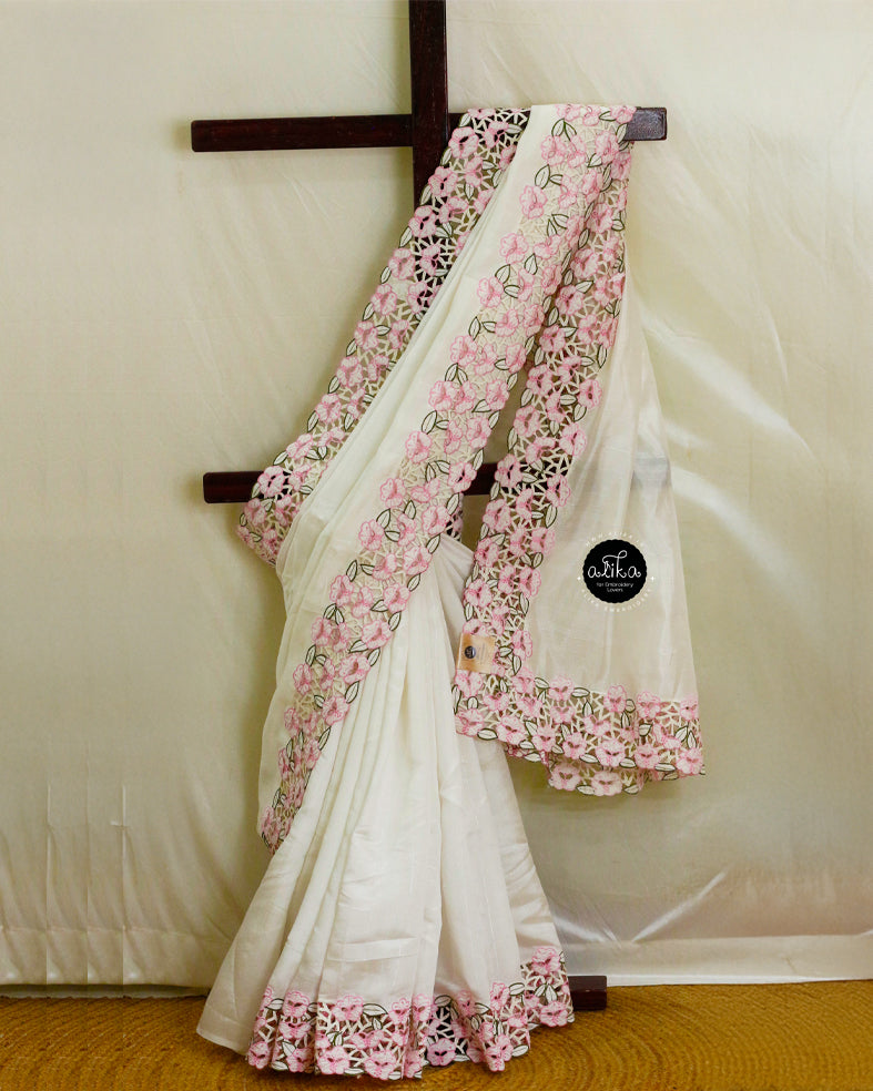 White Semi Silk Saree with Full Border Cut Work | Elegant Handcrafted Design by Alika Fashion Store