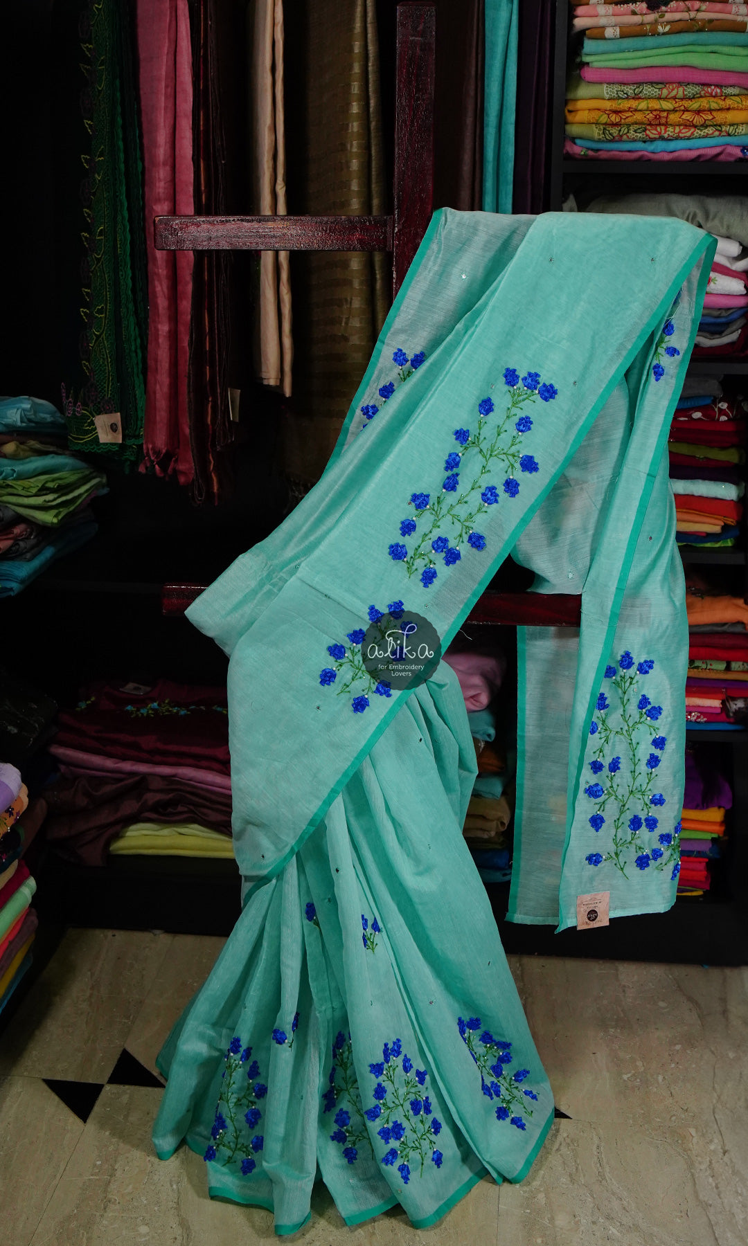 Green Hand Embroidered Mirror Work Cotton Narayanpet Saree With Border -  GhabaKala